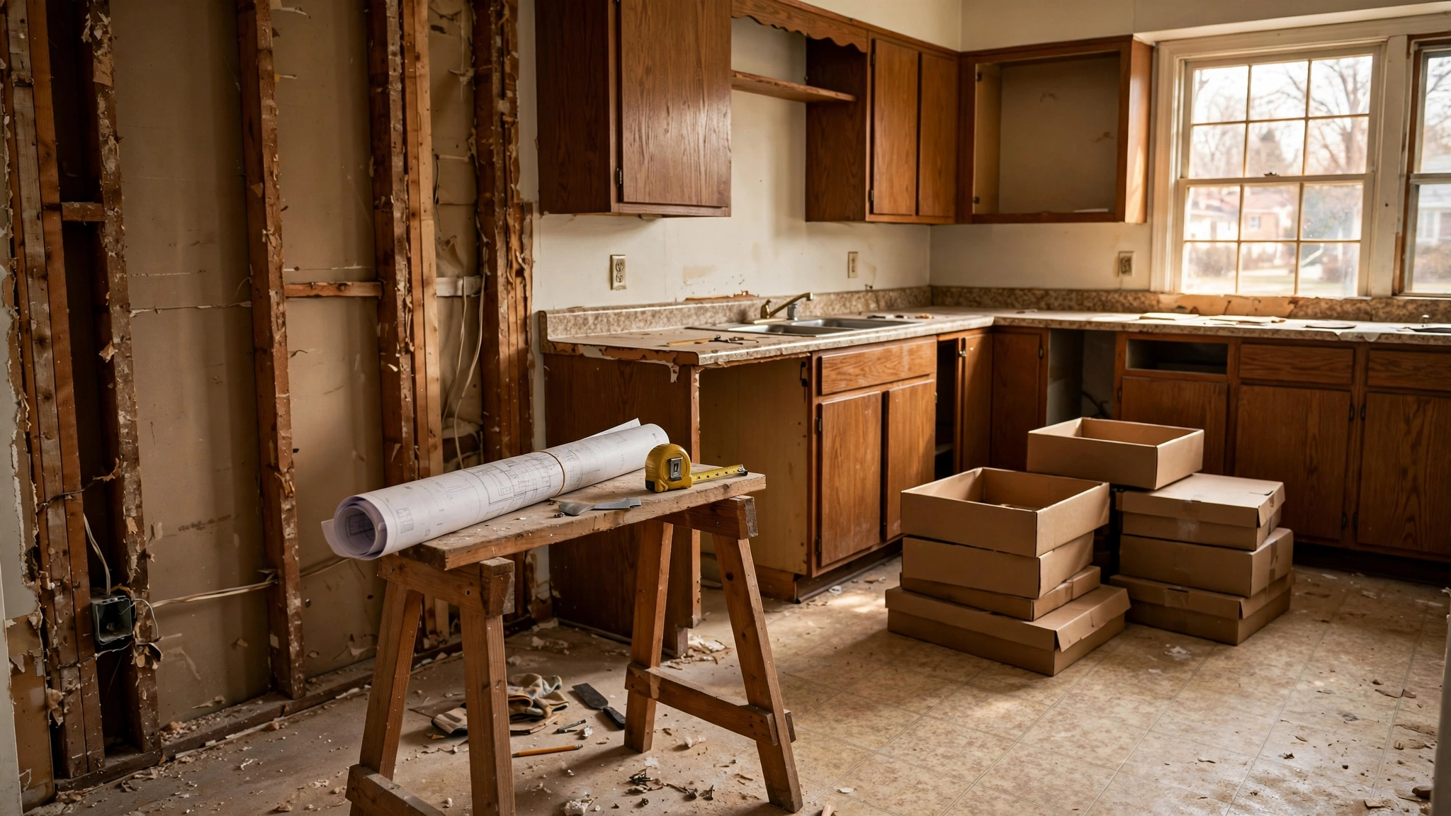 Partly demolished 1990s kitchen with bare wall studs, stacked cabinet boxes and a tape measure on a sawhorse