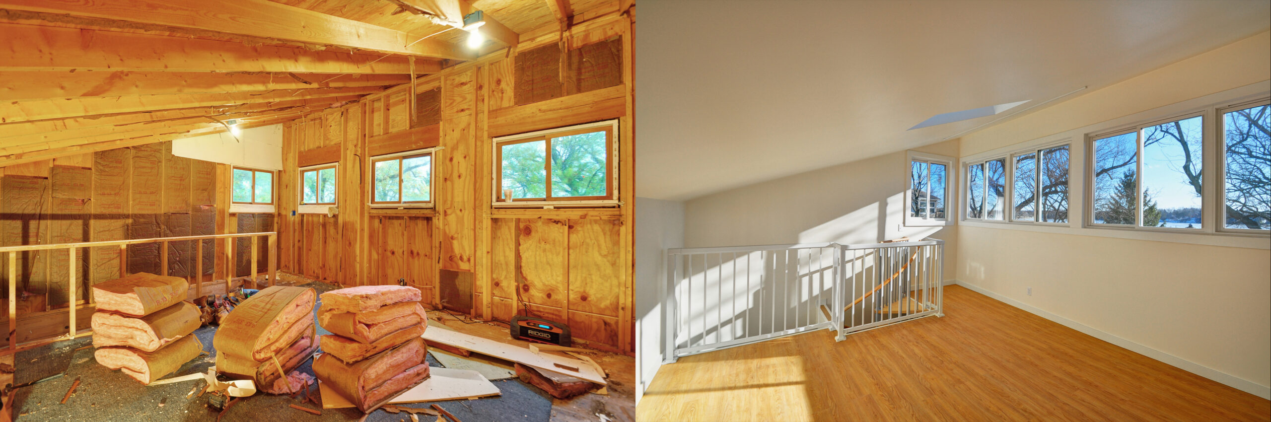 Before and after comparison of home renovation showing framing phase versus finished room.