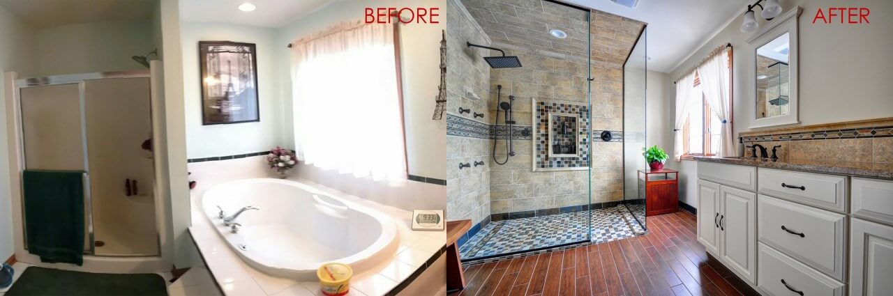 Before and after comparison of a bathroom remodel with a new walk-in shower and vanity.